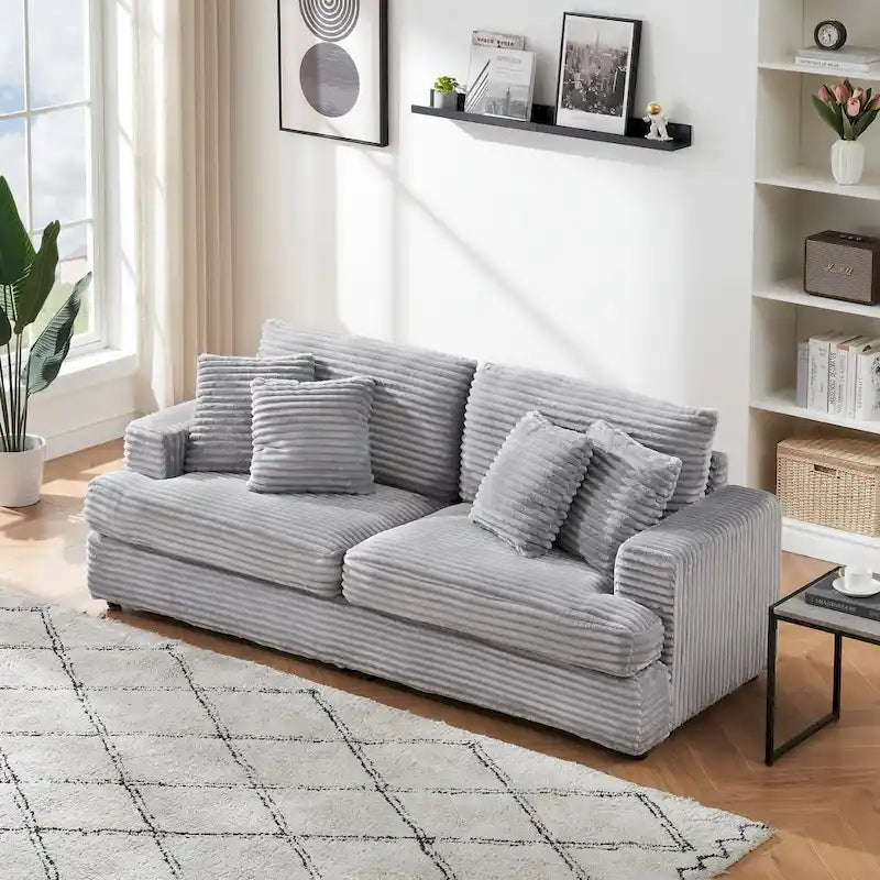 79.3 Canapé 3 places en velours côtelé avec coussins décoratifs et coussins à ressorts