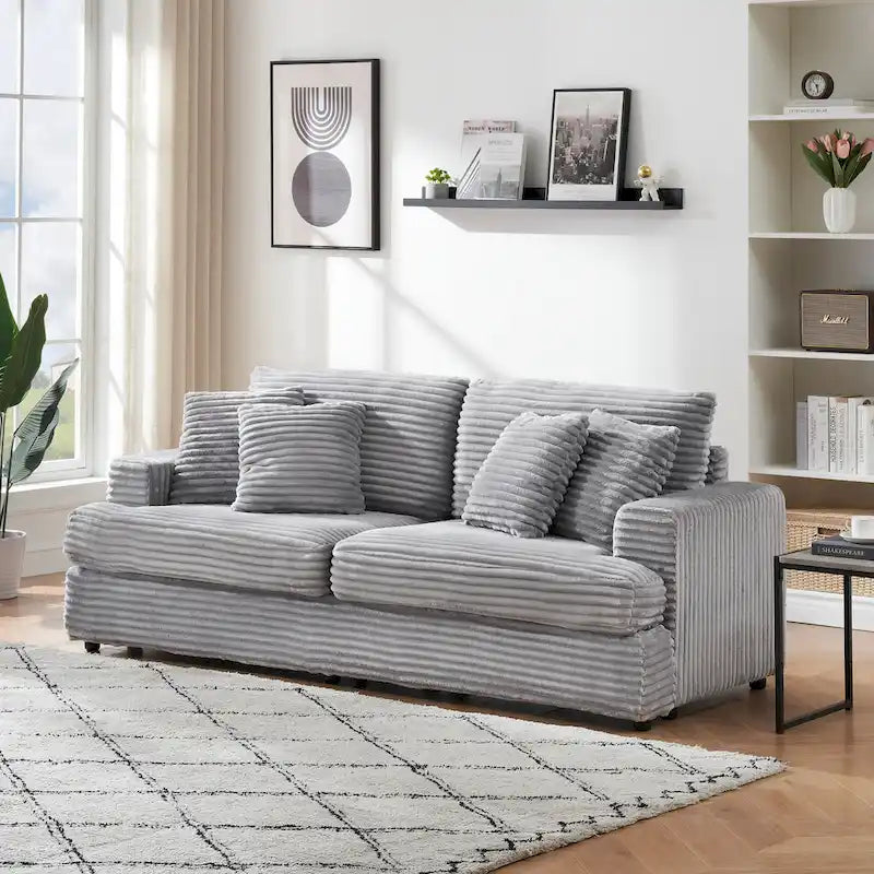 79.3 Canapé 3 places en velours côtelé avec coussins décoratifs et coussins à ressorts