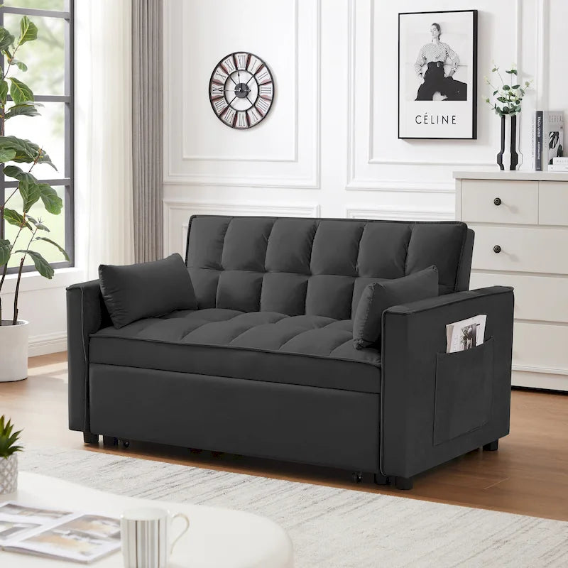 Canapé convertible noir en velours 55.2 avec coussins décoratifs et poches
