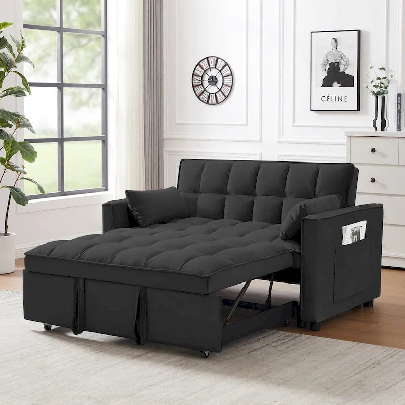 Canapé convertible noir en velours 55.2 avec coussins décoratifs et poches
