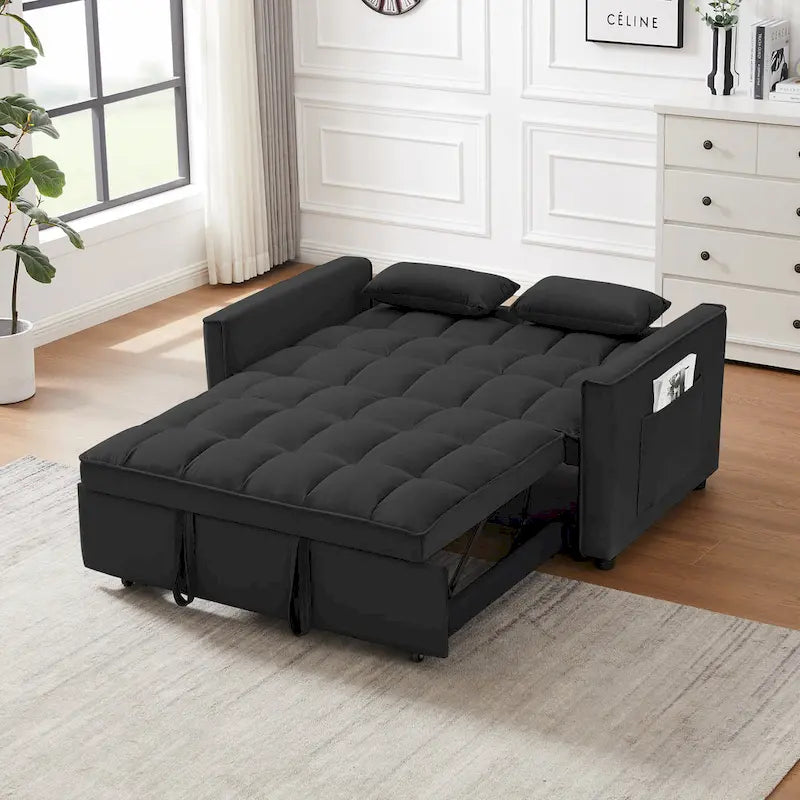 Canapé convertible noir en velours 55.2 avec coussins décoratifs et poches
