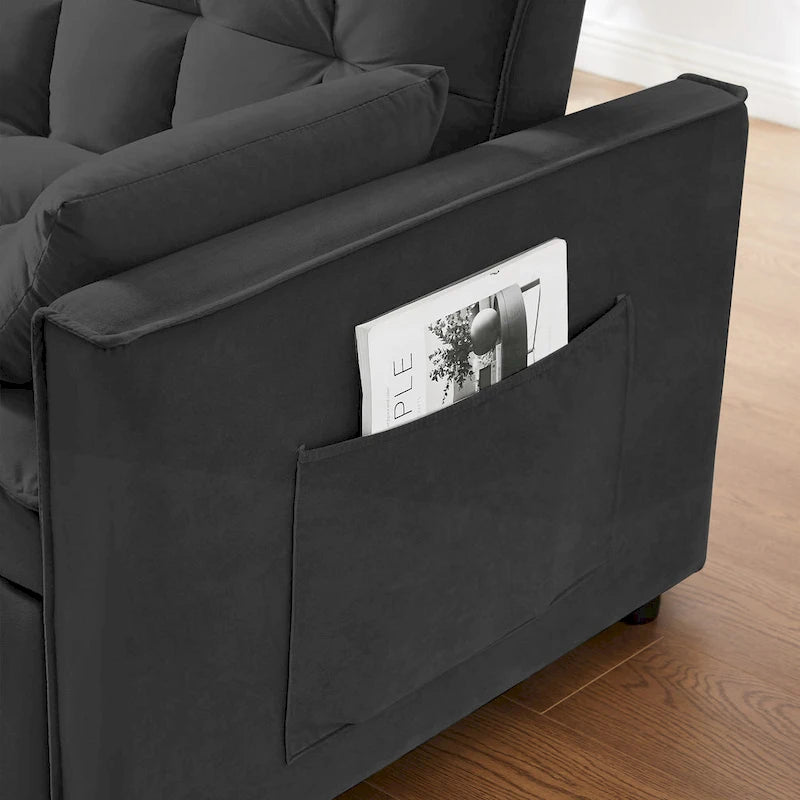 Canapé convertible noir en velours 55.2 avec coussins décoratifs et poches