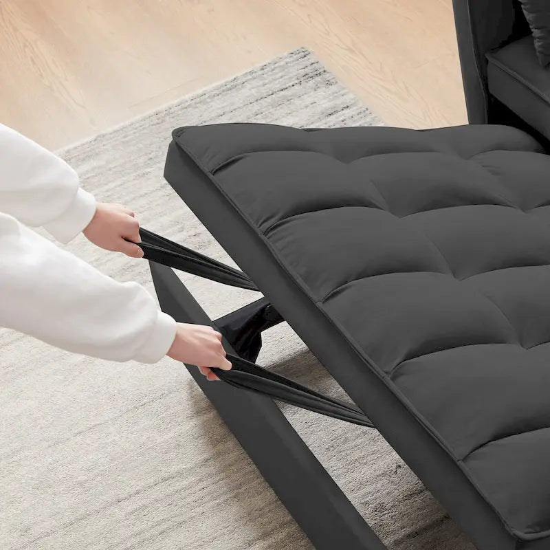 Canapé convertible noir en velours 55.2 avec coussins décoratifs et poches