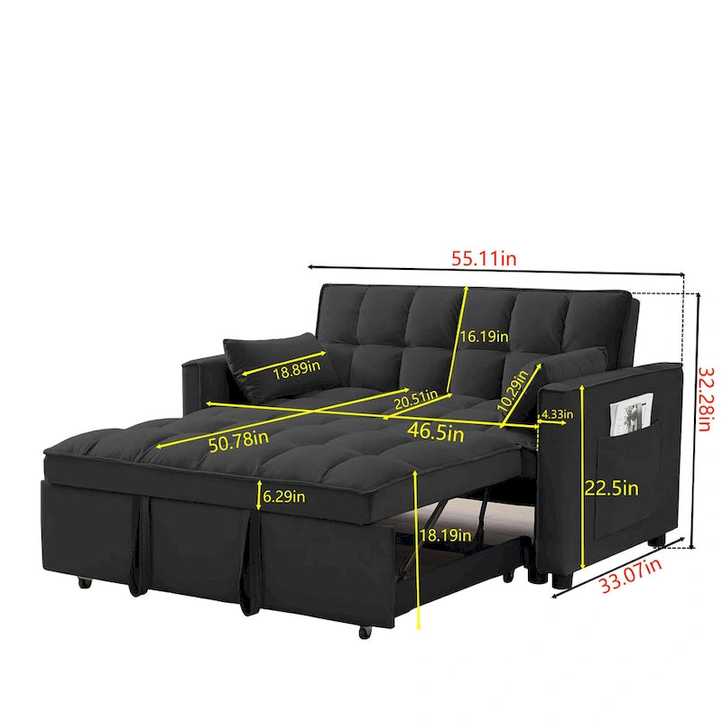 Canapé convertible noir en velours 55.2 avec coussins décoratifs et poches