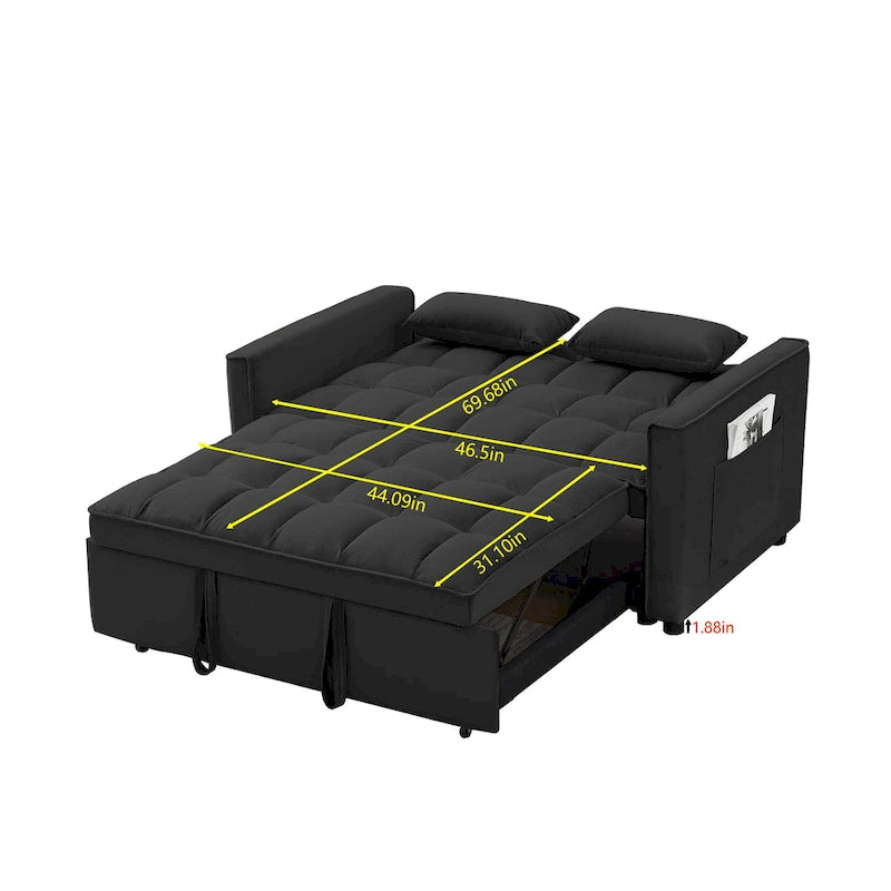 Canapé convertible noir en velours 55.2 avec coussins décoratifs et poches