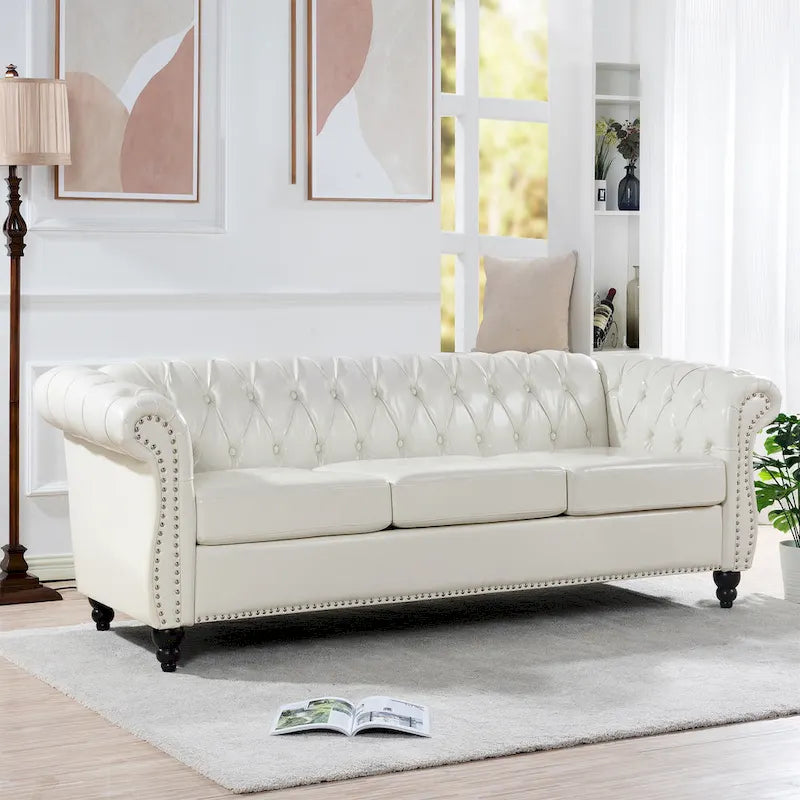 Canapé 3 places blanc en similicuir PU Chesterfield avec dossier capitonné de 215 cm