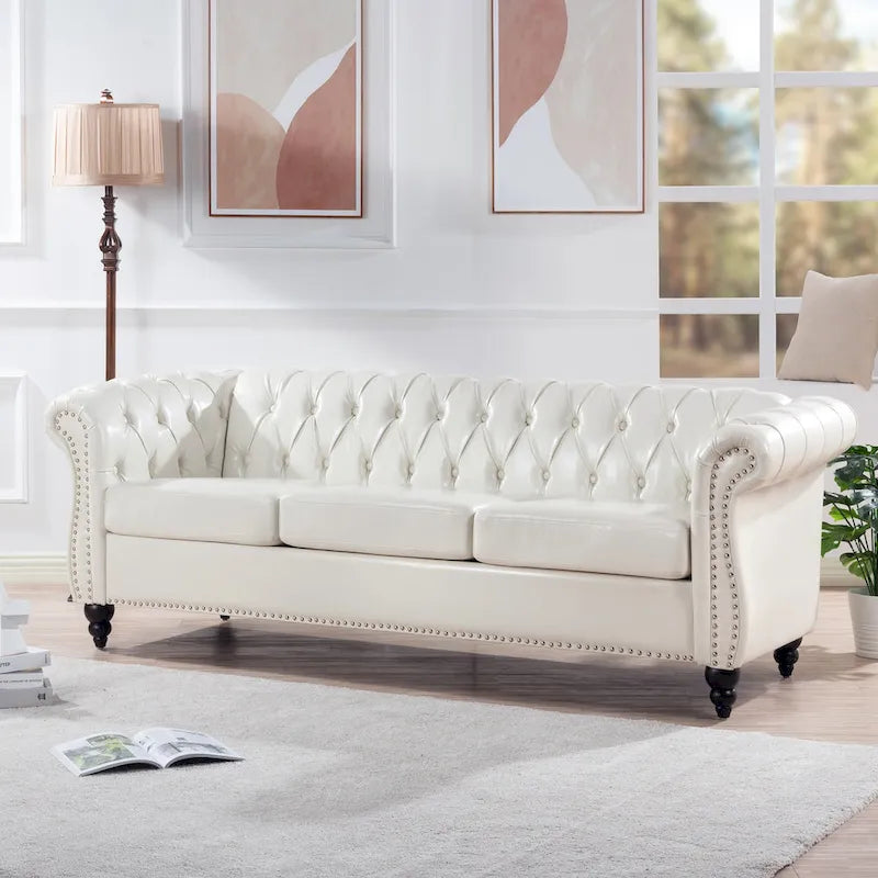 Canapé 3 places blanc en similicuir PU Chesterfield avec dossier capitonné de 215 cm