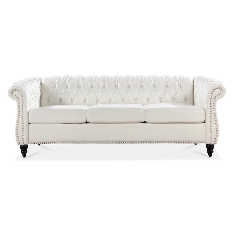 Canapé 3 places blanc en similicuir PU Chesterfield avec dossier capitonné de 215 cm
