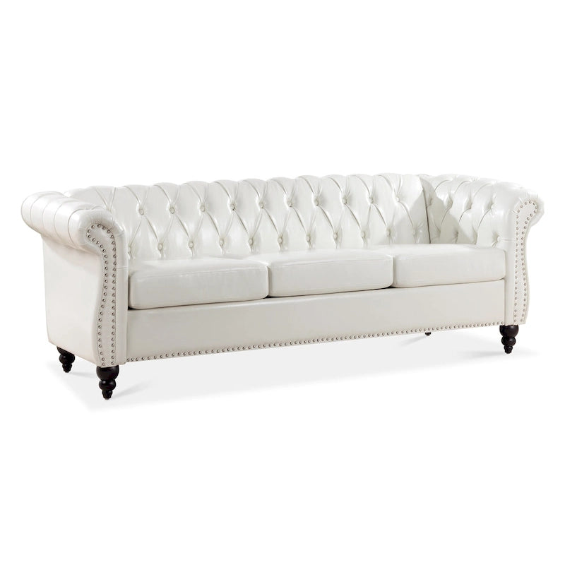 Canapé 3 places blanc en similicuir PU Chesterfield avec dossier capitonné de 215 cm