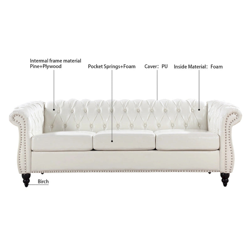 Canapé 3 places blanc en similicuir PU Chesterfield avec dossier capitonné de 215 cm