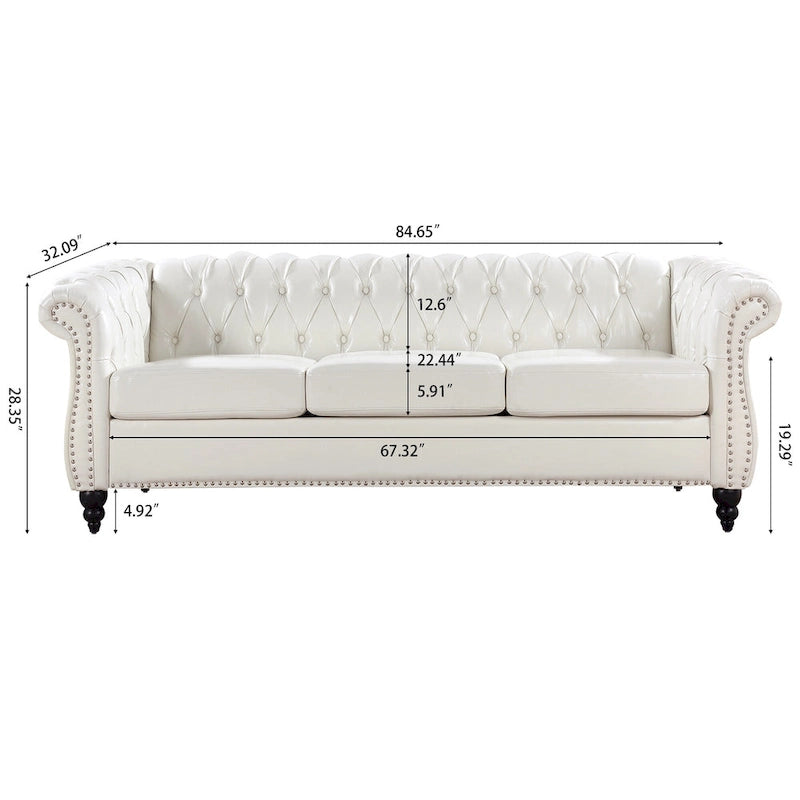 Canapé 3 places blanc en similicuir PU Chesterfield avec dossier capitonné de 215 cm