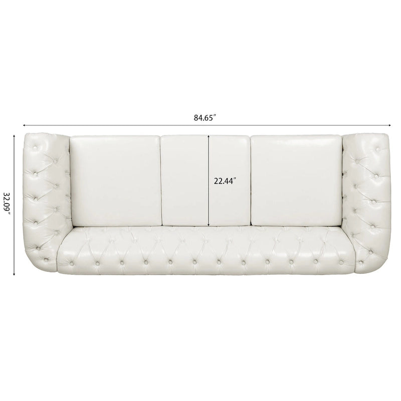 Canapé 3 places blanc en similicuir PU Chesterfield avec dossier capitonné de 215 cm