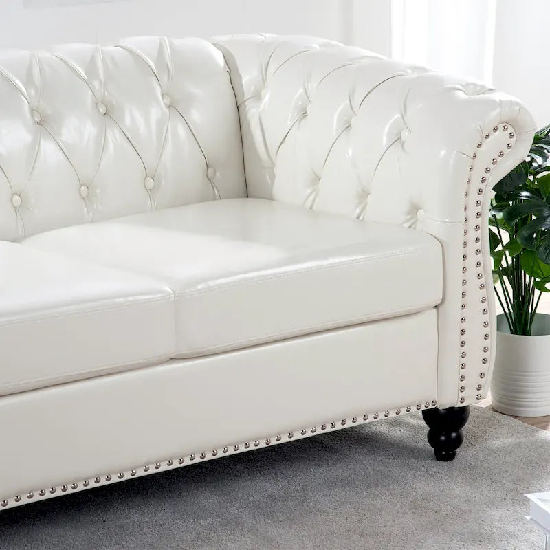 Canapé 3 places blanc en similicuir PU Chesterfield avec dossier capitonné de 215 cm