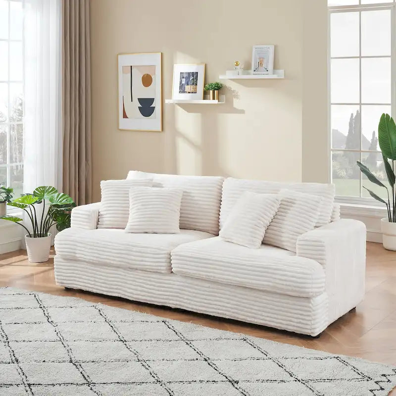 Canapé 3 places en velours côtelé blanc 79,3 avec 4 coussins décoratifs, coussin à ressorts