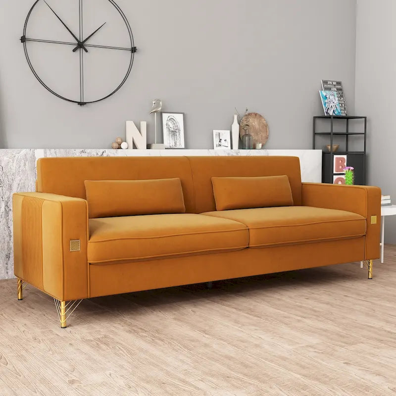 Canapé de luxe en velours avec touches dorées, canapé moelleux 3 places pour salon et bureau