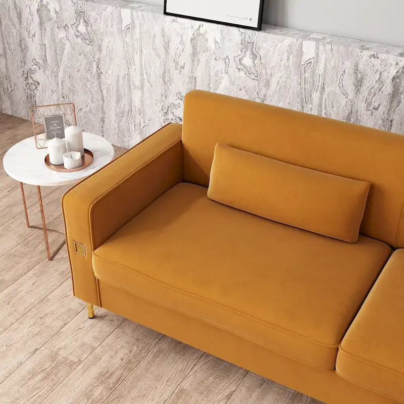 Canapé de luxe en velours avec touches dorées, canapé moelleux 3 places pour salon et bureau