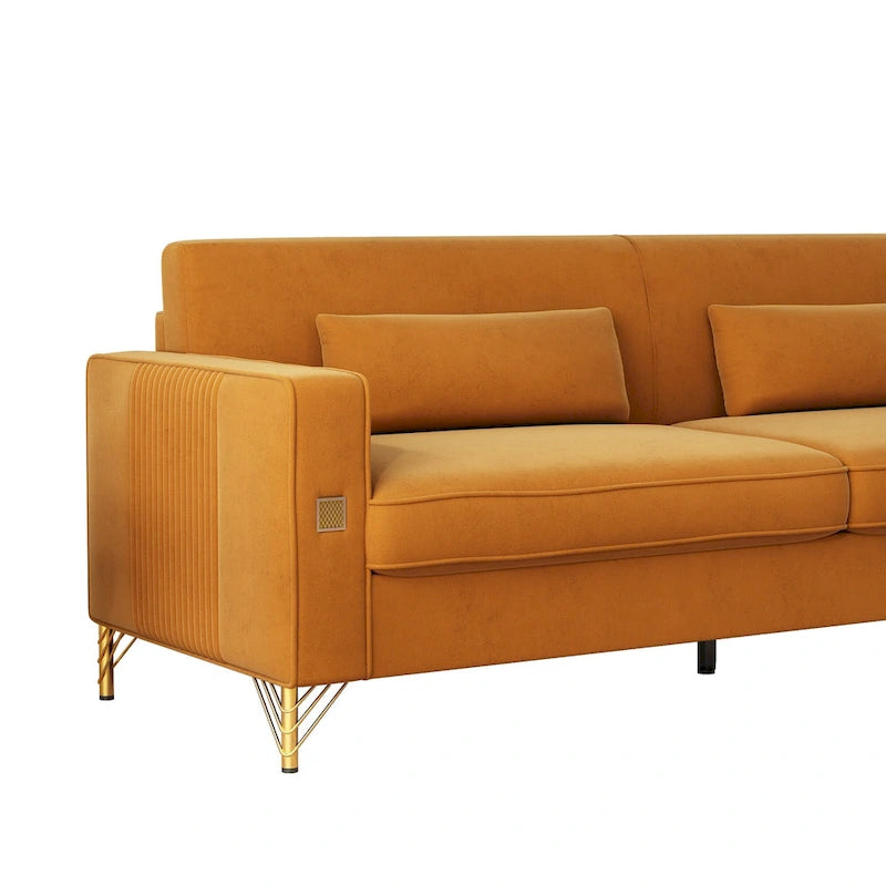 Canapé de luxe en velours avec touches dorées, canapé moelleux 3 places pour salon et bureau