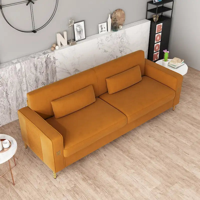 Canapé de luxe en velours avec touches dorées, canapé moelleux 3 places pour salon et bureau
