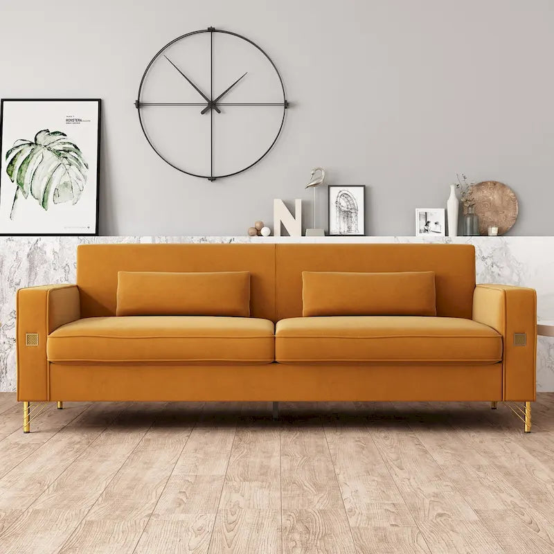 Canapé de luxe en velours avec touches dorées, canapé moelleux 3 places pour salon et bureau
