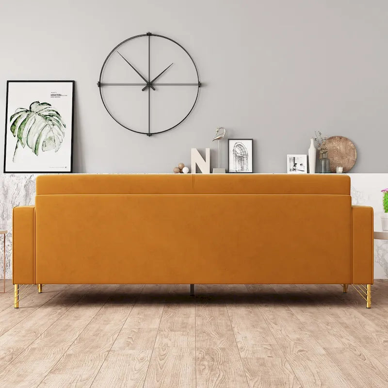 Canapé de luxe en velours avec touches dorées, canapé moelleux 3 places pour salon et bureau