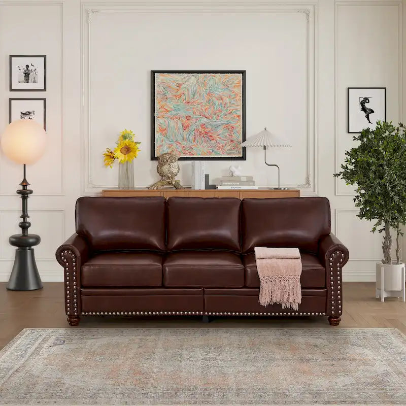 Canapé 3 places classique 83 en cuir PU rembourré avec coffre de rangement et décoration cloutée