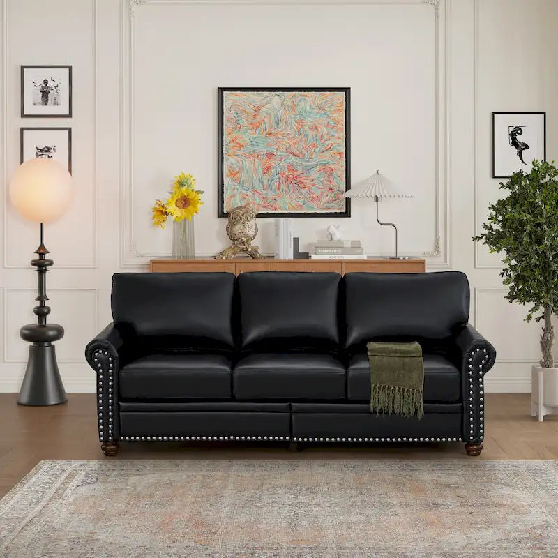 Canapé 3 places classique 83 en cuir PU rembourré avec coffre de rangement et décoration cloutée