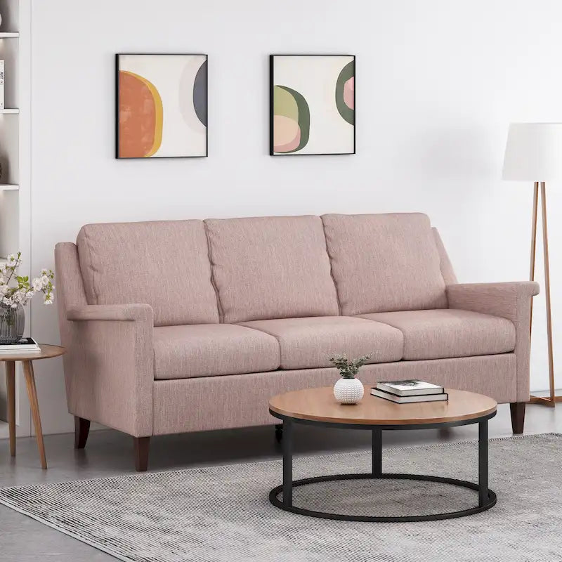 Canapé 3 places moderne rose clair de 76,5 po avec pieds en bouleau et assise moelleuse