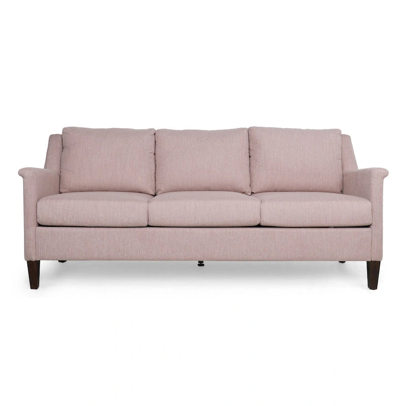 Canapé 3 places moderne rose clair de 76,5 po avec pieds en bouleau et assise moelleuse