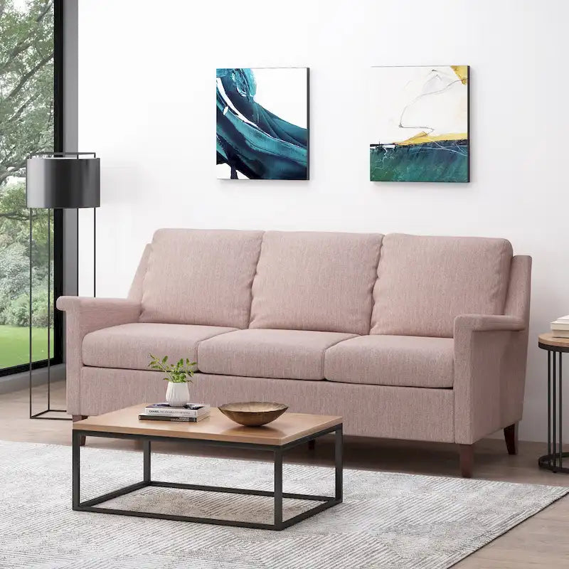 Canapé 3 places moderne rose clair de 76,5 po avec pieds en bouleau et assise moelleuse