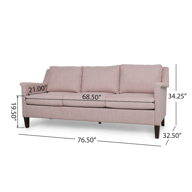 Canapé 3 places moderne rose clair de 76,5 po avec pieds en bouleau et assise moelleuse