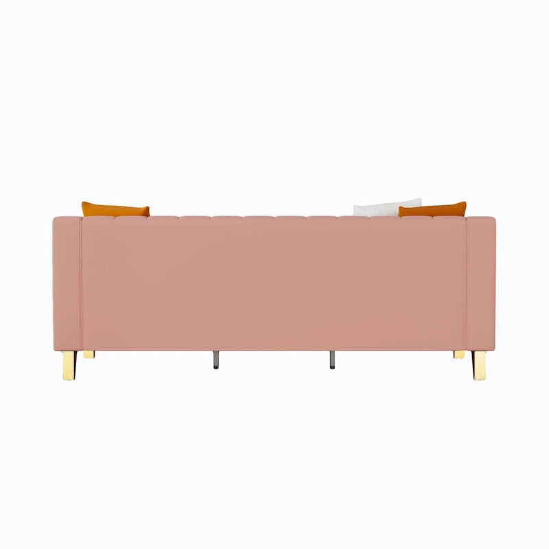 Canapé de luxe en velours rose avec accents dorés - Canapé moderne 3 places avec coussins moelleux