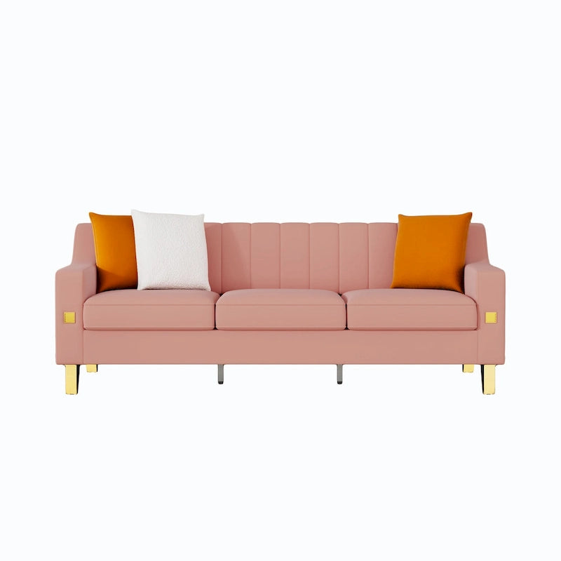 Canapé de luxe en velours rose avec accents dorés - Canapé moderne 3 places avec coussins moelleux