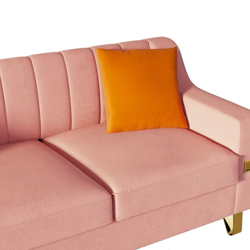 Canapé de luxe en velours rose avec accents dorés - Canapé moderne 3 places avec coussins moelleux