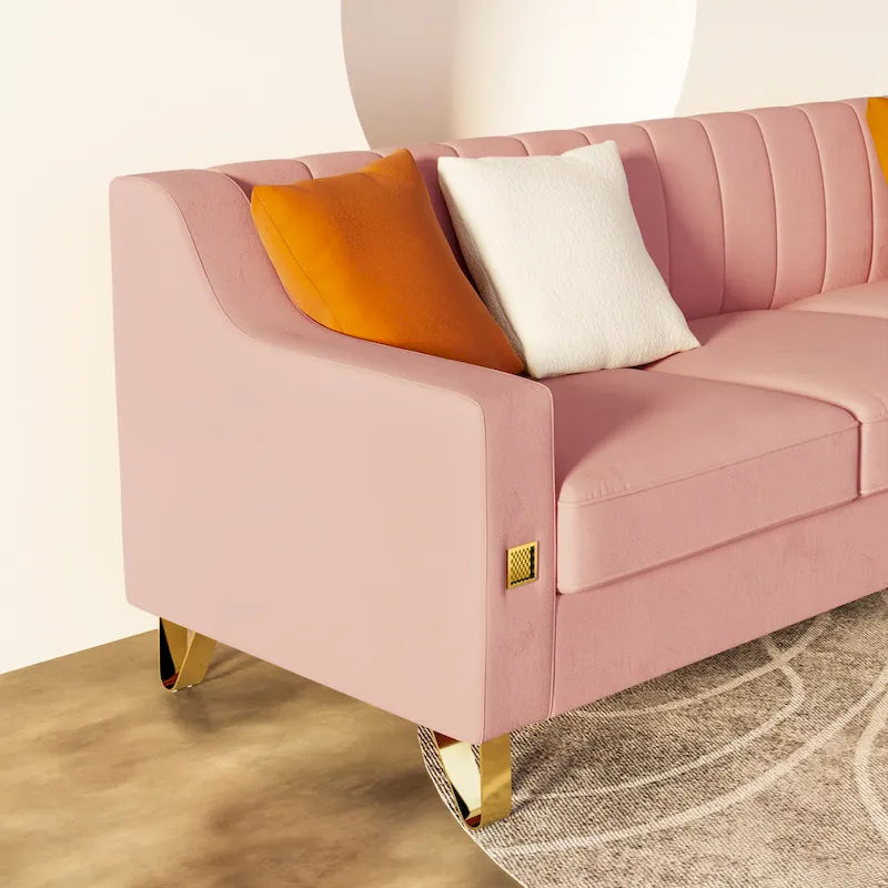Canapé de luxe en velours rose avec accents dorés - Canapé moderne 3 places avec coussins moelleux