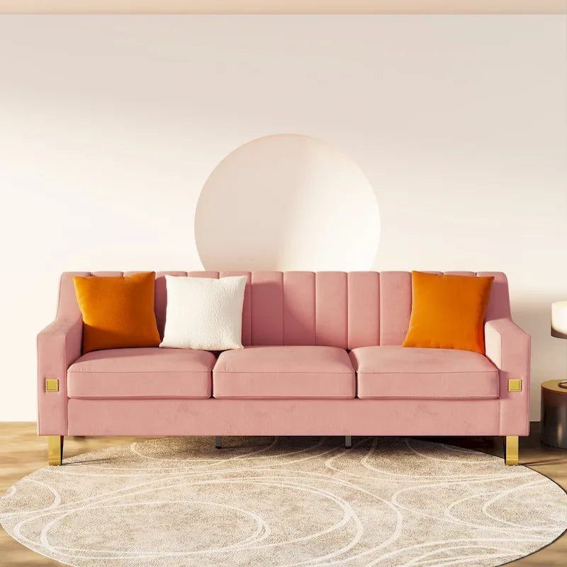 Canapé de luxe en velours rose avec accents dorés - Canapé moderne 3 places avec coussins moelleux