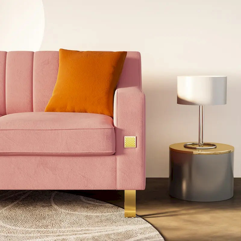 Canapé de luxe en velours rose avec accents dorés - Canapé moderne 3 places avec coussins moelleux