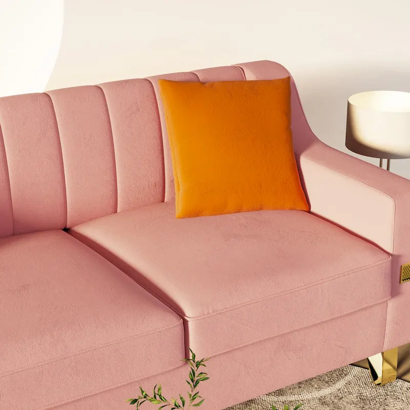 Canapé de luxe en velours rose avec accents dorés - Canapé moderne 3 places avec coussins moelleux