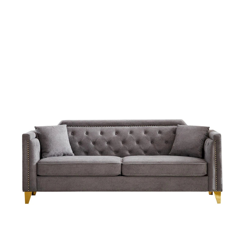 Canapé 3 places touffeté en chenille gris 61,5 avec accoudoirs à clous cuivrés, 2 oreillers