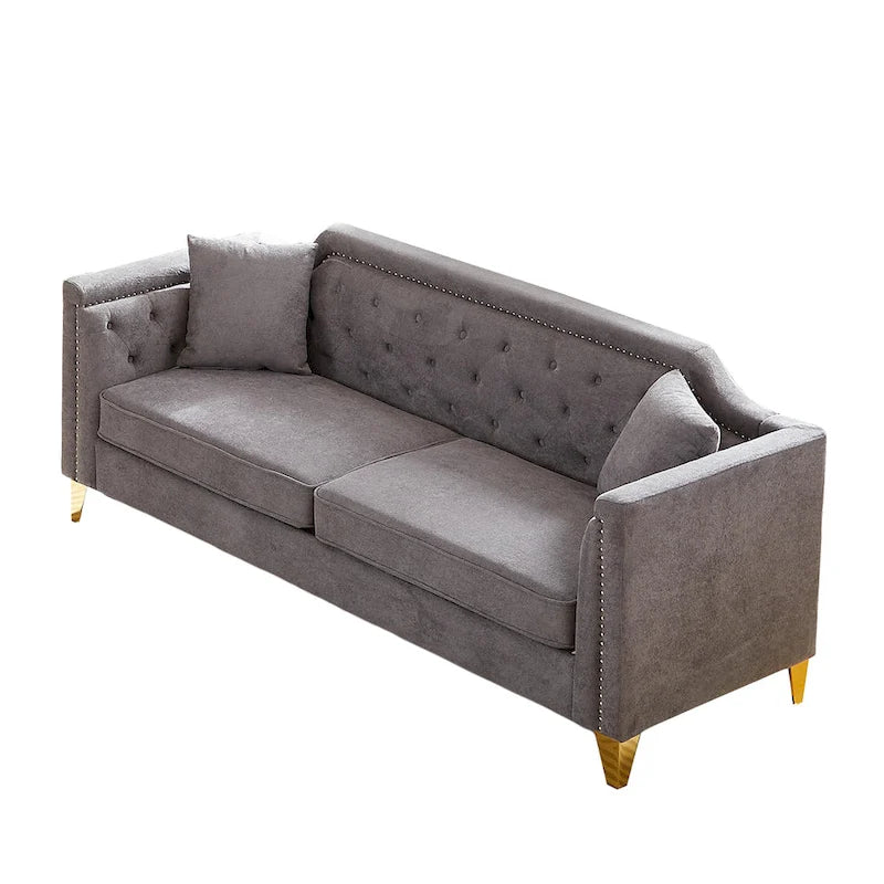 Canapé 3 places touffeté en chenille gris 61,5 avec accoudoirs à clous cuivrés, 2 oreillers