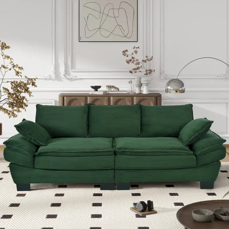 Canapé incurvé moderne de 85,4", dossier rembourré avec 2 oreillers décoratifs, canapé en tissu velours côtelé