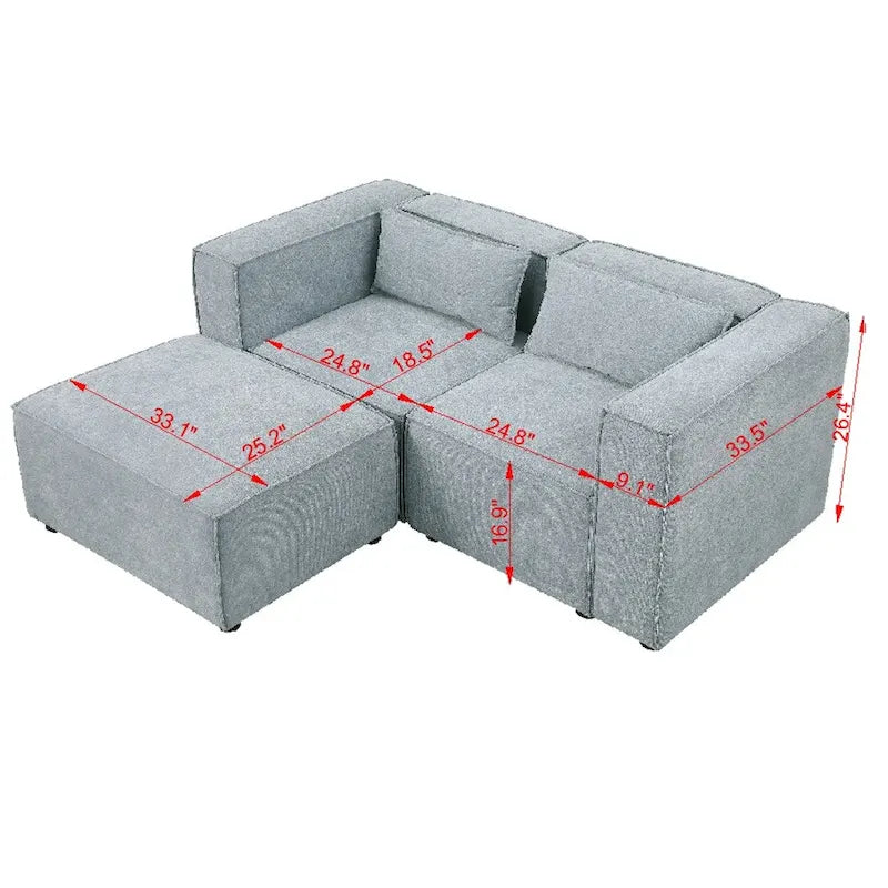 Canapé en tissu chenille avec pieds et pouf