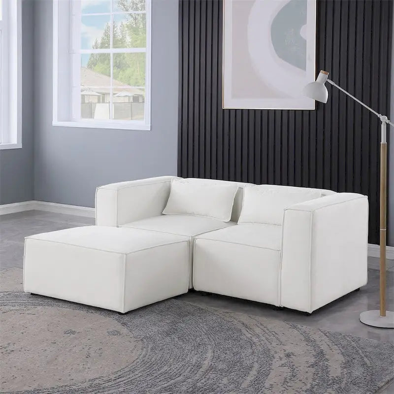 Canapé en tissu chenille avec pieds et pouf
