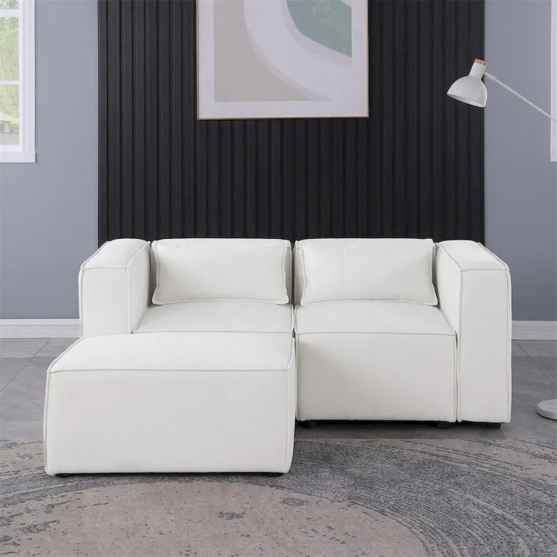 Canapé en tissu chenille avec pieds et pouf