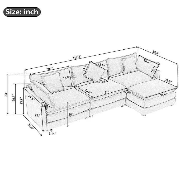Canapé d'angle moderne en chenille de 284 cm avec 5 oreillers