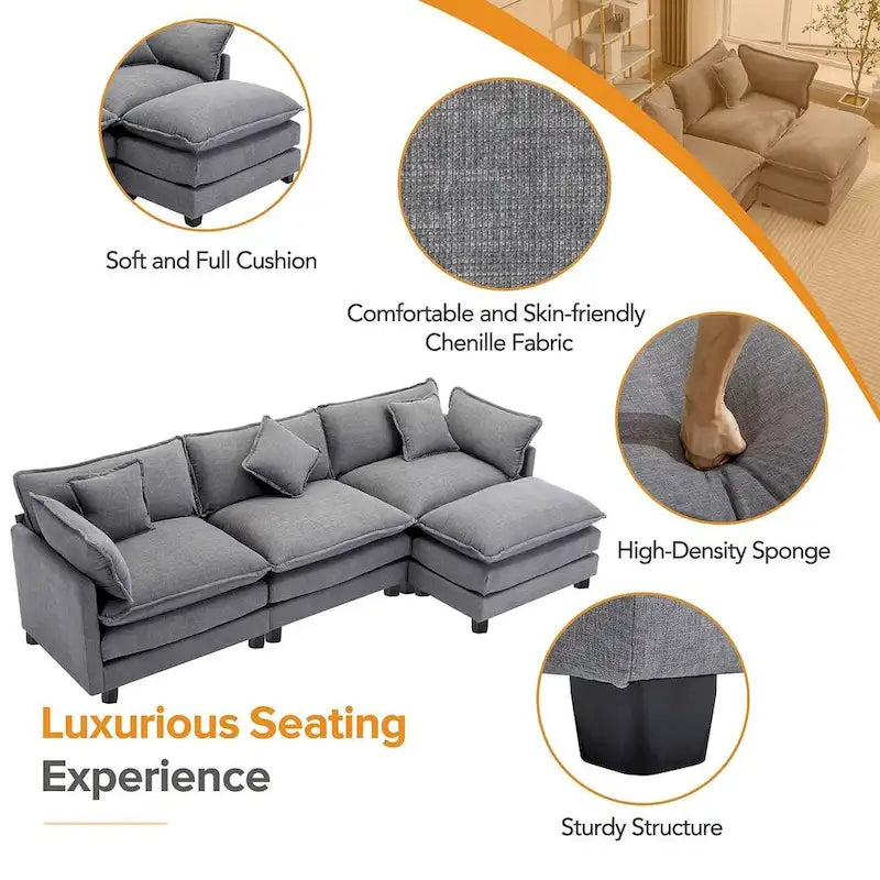 Canapé d'angle moderne en chenille de 284 cm avec 5 oreillers