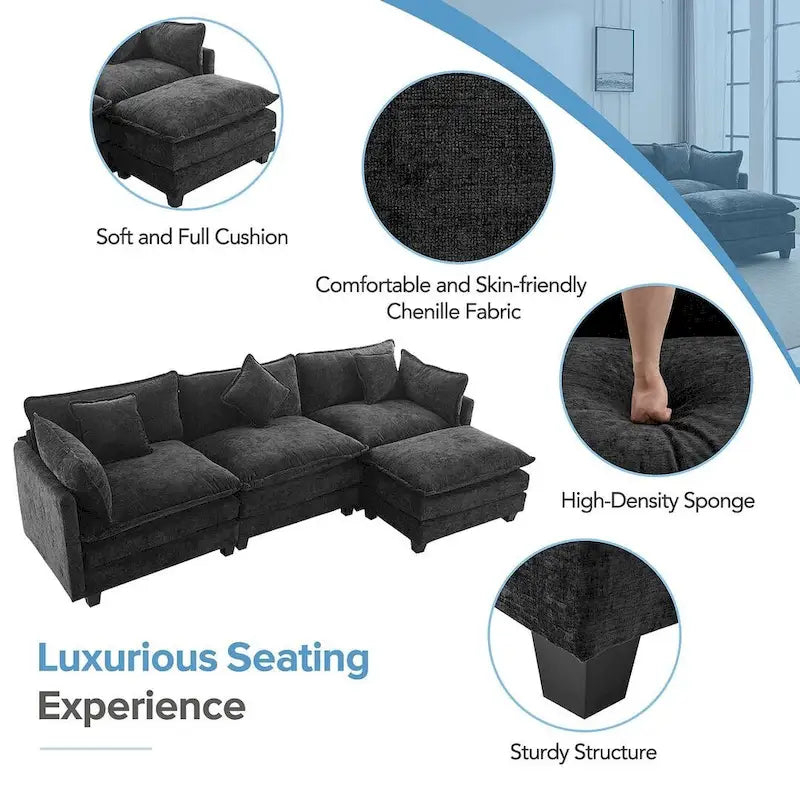 Canapé d'angle moderne en chenille de 284 cm avec 5 oreillers