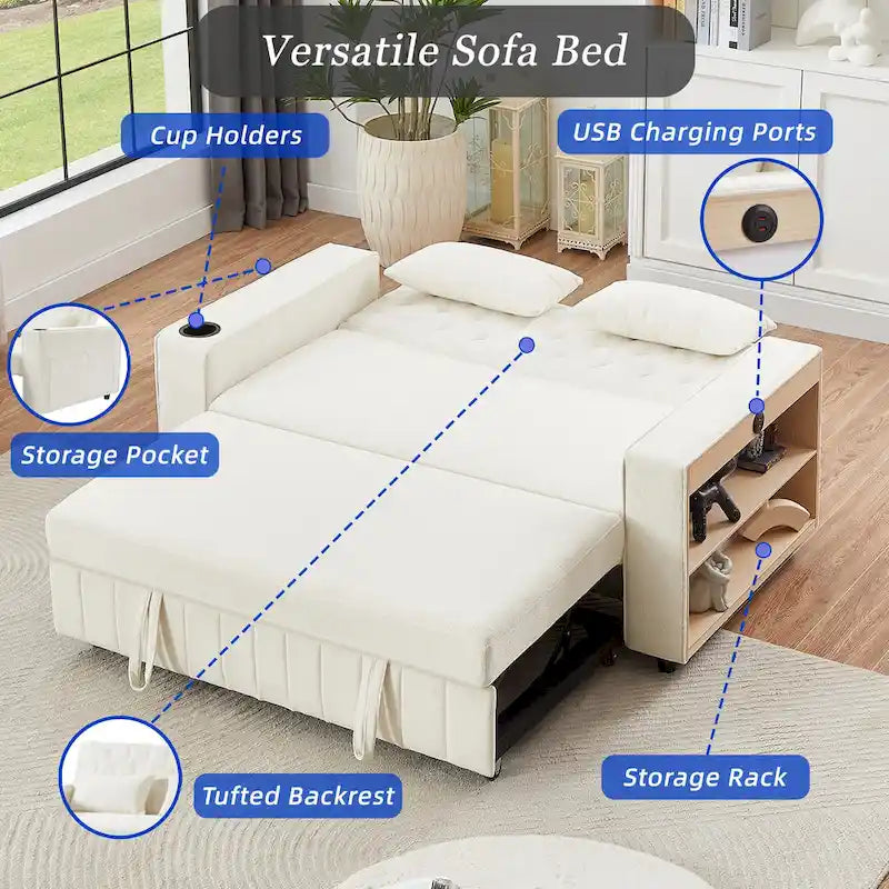 Canapé-lit transformable en tissu chenille avec dossier capitonné réglable, ports USB et grand espace de rangement
