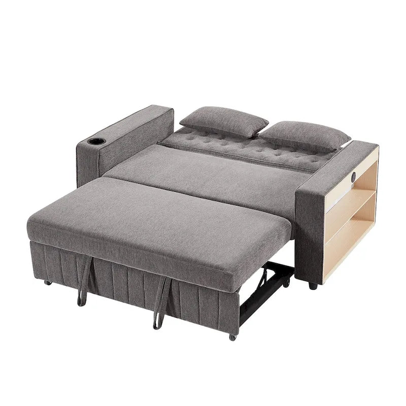 Canapé-lit transformable en tissu chenille avec dossier capitonné réglable, ports USB et grand espace de rangement