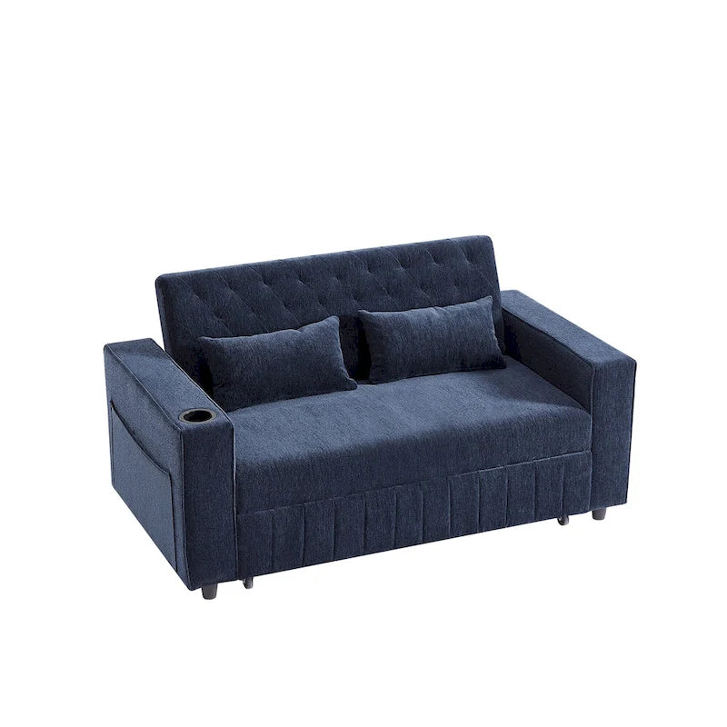 Canapé-lit transformable en tissu chenille avec dossier capitonné réglable, ports USB et grand espace de rangement