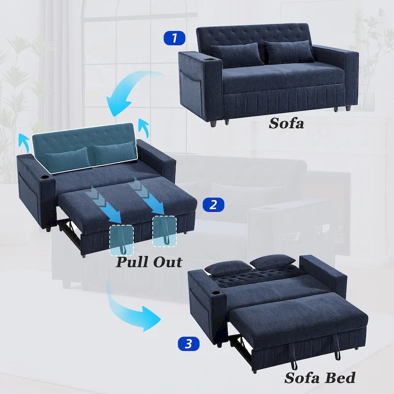 Canapé-lit transformable en tissu chenille avec dossier capitonné réglable, ports USB et grand espace de rangement